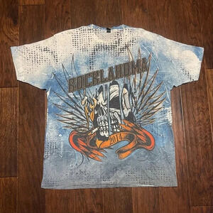 Rocklahoma Flames Skull Biker Affliction Style Faded Graphic T-shirt